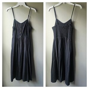Black Smocked Linen Midi Summer Dress Medium